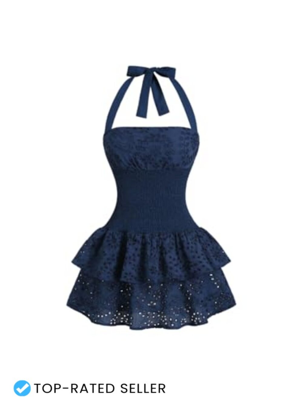 Y2K Halter Smocked Eyelet Mini Dress Sleeveless Backless Tiered Ruffle A-Line